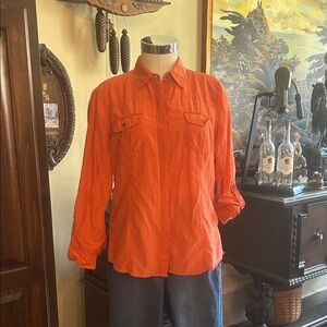 Chico’s Sz 1 Orange Casual Cotton Silk Button Down GUC